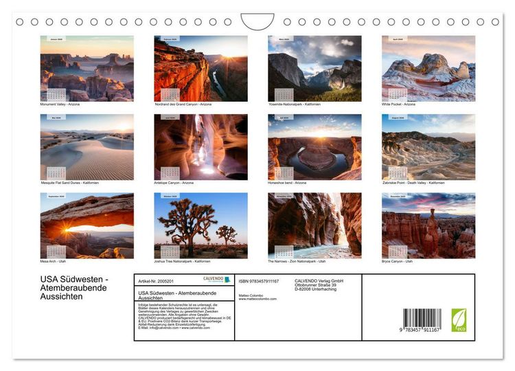 Produktbild: USA S&uuml;dwesten - Atemberaubende Aussichten (Wandkalender 2026 DIN A4 quer), CALVENDO Monatskalender