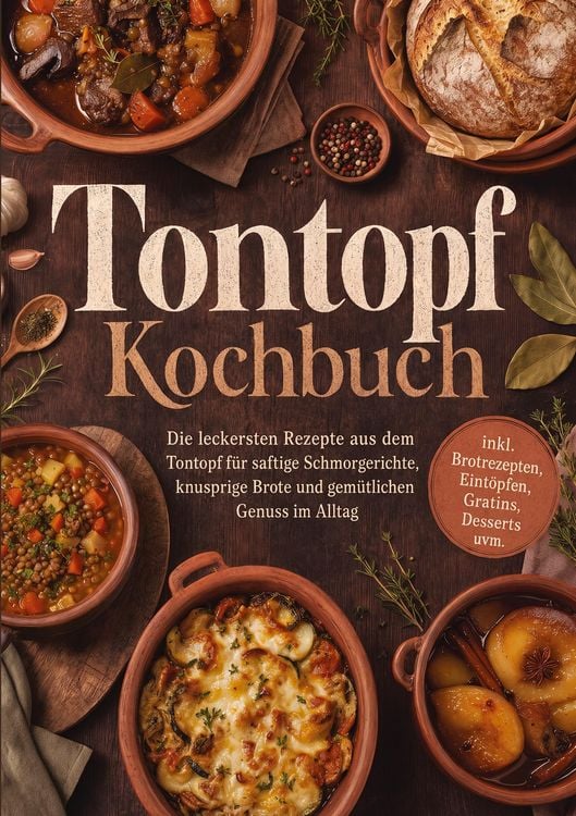 Produktbild: Tontopf Kochbuch: Die leckersten Rezepte aus dem Tontopf f&uuml;r saftige Schmorgerichte, knusprige Brote und gem&uuml;tlichen Genuss im Alltag - inkl. Brotrezepten, Eint&ouml;pfen, Gratins, Desserts uvm.