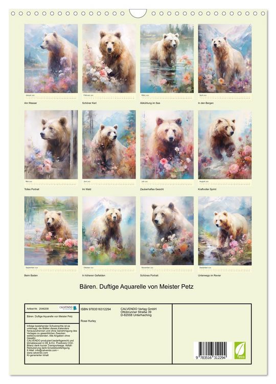 Produktbild: B&auml;ren. Duftige Aquarelle von Meister Petz (Wandkalender 2026 DIN A3 hoch), CALVENDO Monatskalender
