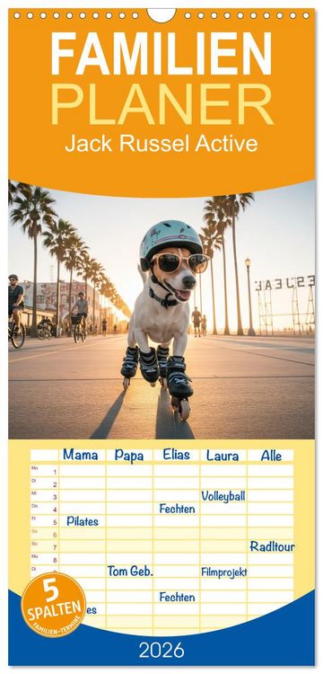 Produktbild: Familienplaner 2026 - Jack Russel Active mit 5 Spalten (Wandkalender, 21 x 45 cm) CALVENDO