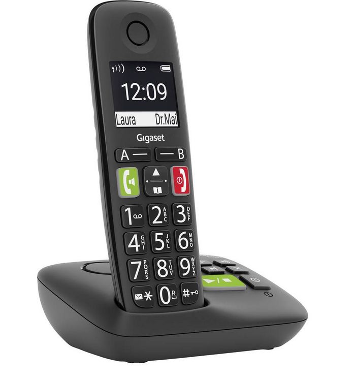 Produktbild: Gigaset E290A DECT/GAP Schnurloses Telefon analog f&uuml;r H&ouml;rger&auml;te kompatibel, Anrufbeantworter, Freisprechen, Babyphone Schwarz