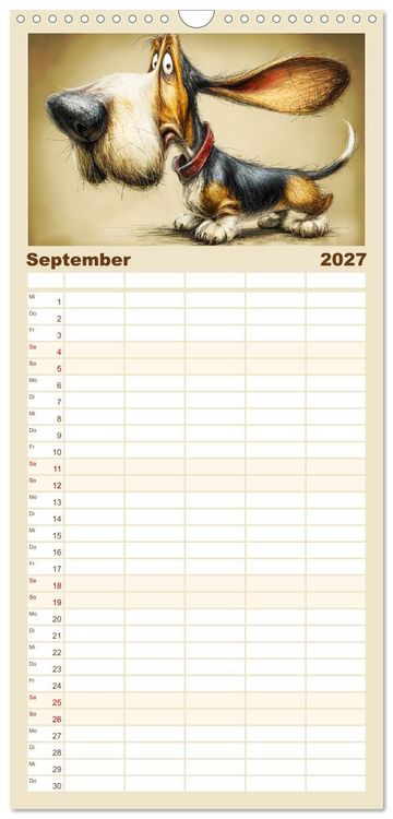 Produktbild: Familienplaner 2027 - Karikatur trifft Hund. Ein Blick auf charmante Vierbeiner mit 5 Spalten (Wandkalender, 21 x 45 cm) CALVENDO