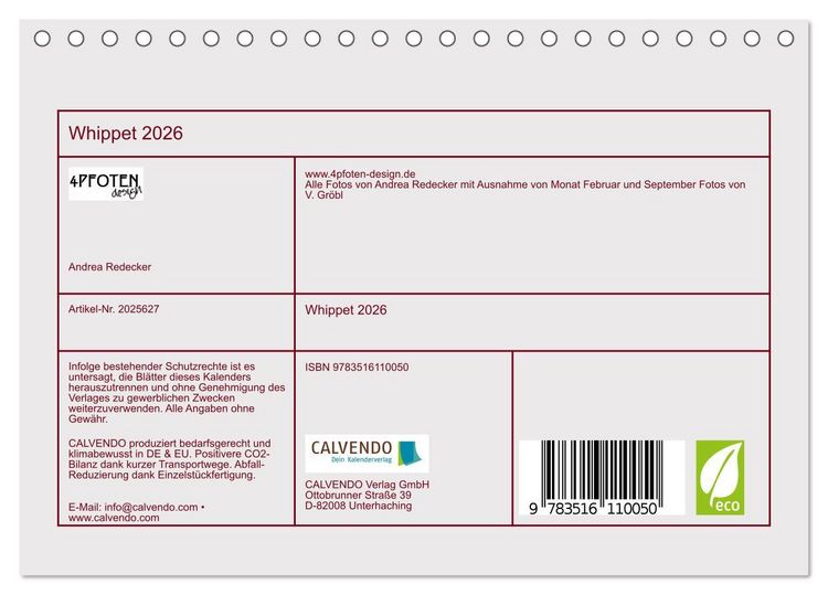Produktbild: Whippet 2026 (Tischkalender 2026 DIN A5 quer), CALVENDO Monatskalender