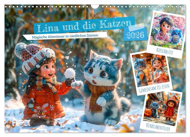 Produktbild: Lina und die Katzen - Magische Abenteuer in niedlichen Szenen (Wandkalender 2026 DIN A3 quer), CALVENDO Monatskalender