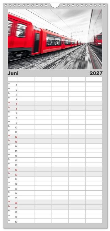 Produktbild: Familienplaner 2027 - BLITZschnell - Z&uuml;ge und Flugzeuge in Bewegung - Color-Key mit 5 Spalten (Wandkalender, 21 x 45 cm) CALVENDO