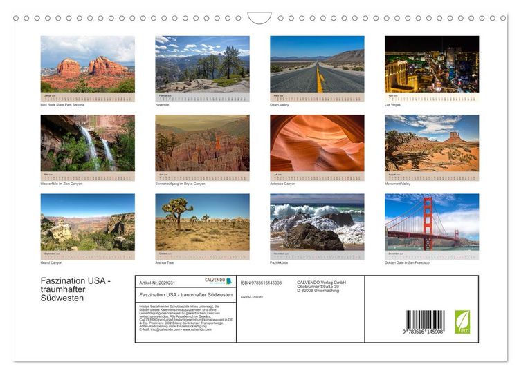Produktbild: Faszination USA - traumhafter S&uuml;dwesten (Wandkalender 2026 DIN A3 quer), CALVENDO Monatskalender