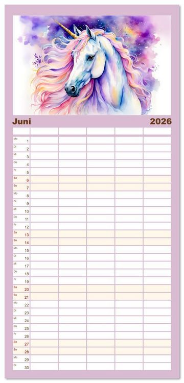 Produktbild: Familienplaner 2026 - Magische Einh&ouml;rner - Traumlandschaften unterm Regenbogen mit 5 Spalten (Wandkalender, 21 x 45 cm) CALVENDO