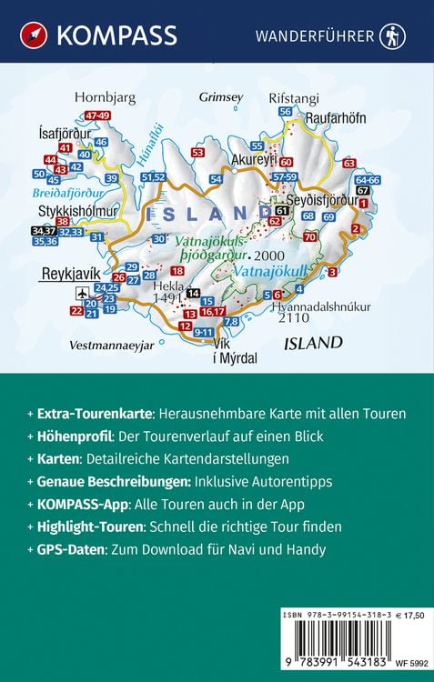 Produktbild: KOMPASS Wanderf&uuml;hrer Island, 70 Touren mit Extra-Tourenkarte