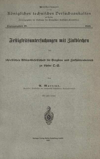 Produktbild: Festigkeitsuntersuchungen mit Zinkblechen der schlesischen Aktien-Gesellschaft f&uuml;r Bergbau und Zinkh&uuml;ttenbetrieb zu Lipine D.-S.