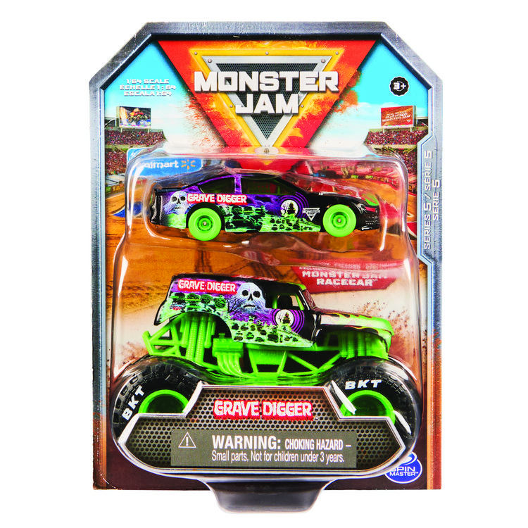 Produktbild: Monster Jam, Truck und Rennauto in einem Set, Ma&szlig;stab 1:64