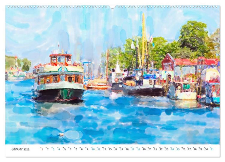 Produktbild: Warnem&uuml;nde - Die Ostseestadt illustriert in Aquarell (Wandkalender 2026 DIN A2 quer), CALVENDO Monatskalender