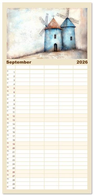 Produktbild: Familienplaner 2026 - Windgefl&uuml;ster-M&uuml;hlenimpressionen mit 5 Spalten (Wandkalender, 21 x 45 cm) CALVENDO