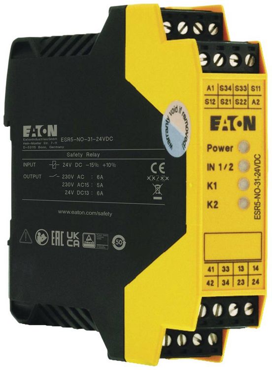 Produktbild: Sicherheitsrelais ESR5-NO-31-24VDC Eaton Betriebsspannung: 24 V/DC (B x H x T) 22.5 x 99 x 114.5 mm 1 St.