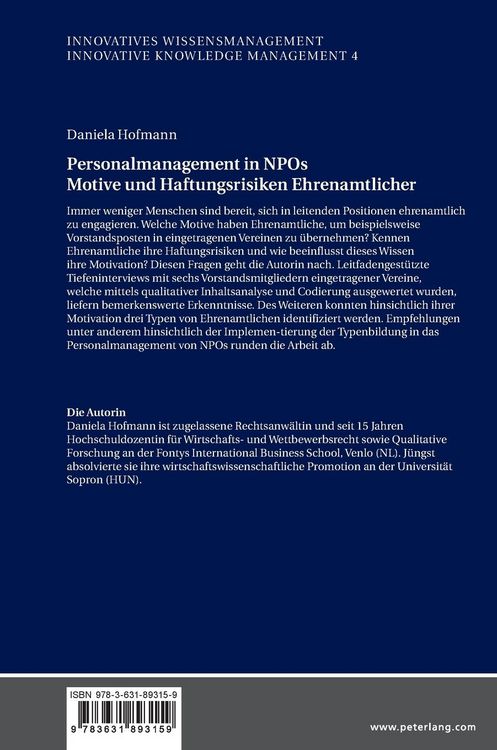 Produktbild: Personalmanagement in NPOs Motive und Haftungsrisiken Ehrenamtlicher/Personnel Management in NPOs Motives and Liability Risksof Volunteers