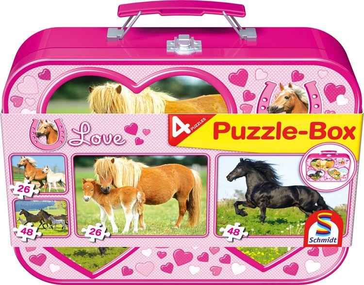 Produktbild: Puzzle Box Schmidt Spiele Pferde im Metallkoffer 2x26, 2x48Teile