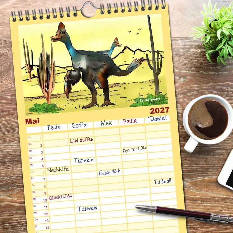 Produktbild: Familienplaner 2027 - Die Welt der Dinos mit 5 Spalten (Wandkalender, 21 x 45 cm) CALVENDO