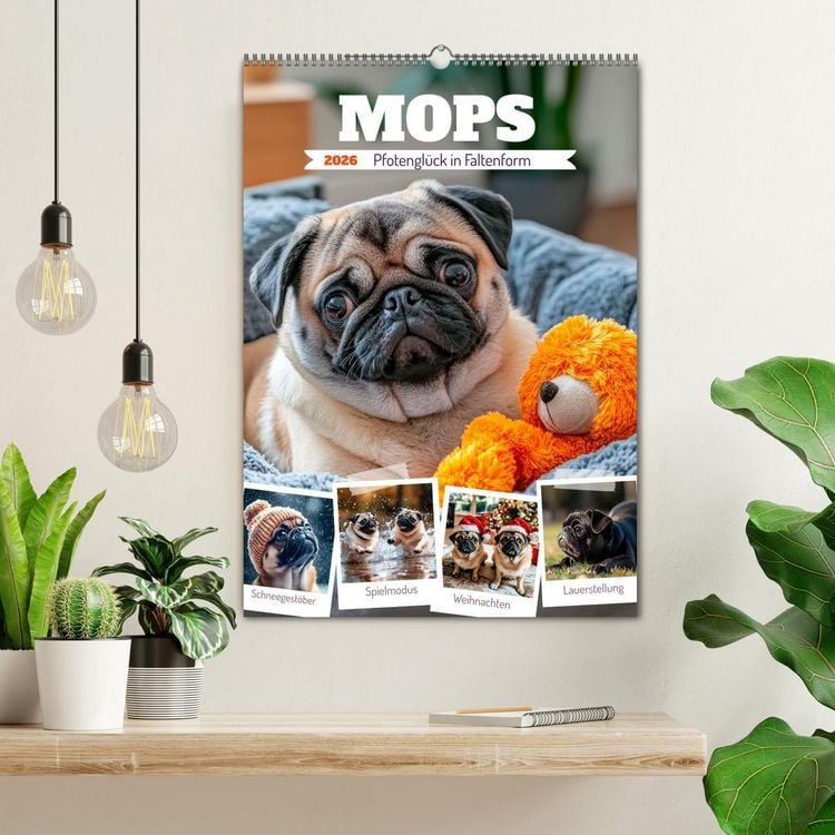 Produktbild: MOPS Pfotengl&uuml;ck in Faltenform (Wandkalender 2026 DIN A2 hoch), CALVENDO Monatskalender