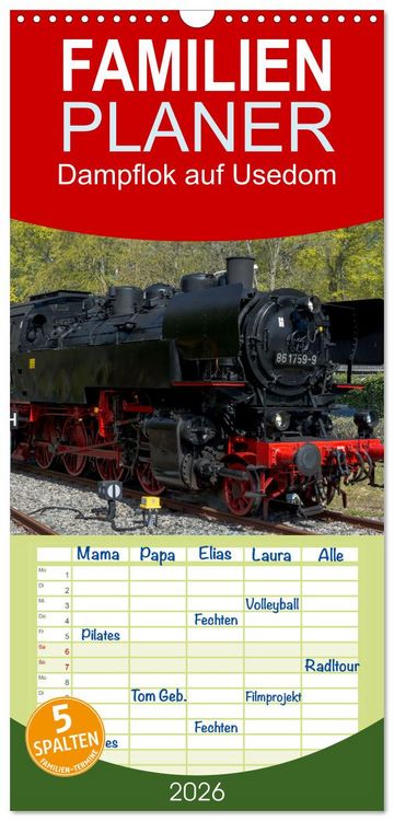 Produktbild: Familienplaner 2026 - Dampflok auf Usedom mit 5 Spalten (Wandkalender, 21 x 45 cm) CALVENDO