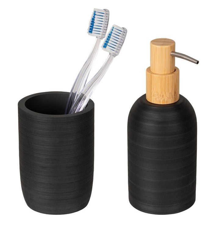 Produktbild: Bad-Accessoire Set Mod. Altavalle, schwarz, Polyresin, Bambus, &Oslash; 18,5 x 8 cm, freistehend, inklusive