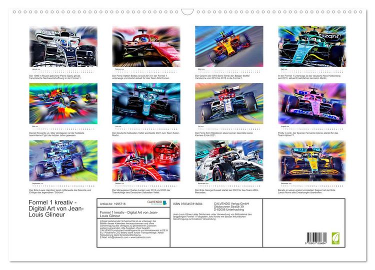Produktbild: Formel 1 kreativ - Digital Art von Jean-Louis Glineur (Wandkalender 2026 DIN A2 quer), CALVENDO Monatskalender