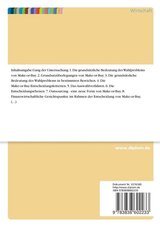 Produktbild: Eigenfertigung oder Fremdbezug (Make-or-Buy) auch unter Ber&uuml;cksichtigung finanzwirtschaftlicher Aspekte