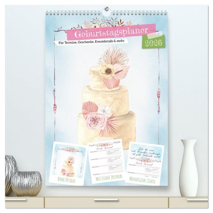 Produktbild: Geburtstagsplaner Boho Blau - F&uuml;r Termine, Geschenke, Eventdetails & mehr (hochwertiger Premium Wandkalender 2026 DIN A2 hoch), Kunstdruck in Hochglanz
