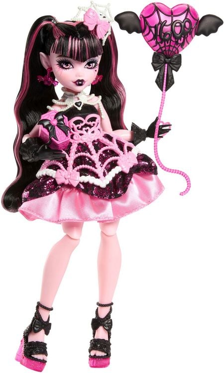 Produktbild: Monster High Scary Sweet Birthday Draculaura-Puppe im Partykleid mit Ballon und Geschenk