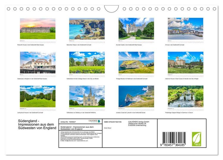 Produktbild: S&uuml;dengland - Impressionen aus dem S&uuml;dwesten von England (Wandkalender 2026 DIN A4 quer), CALVENDO Monatskalender