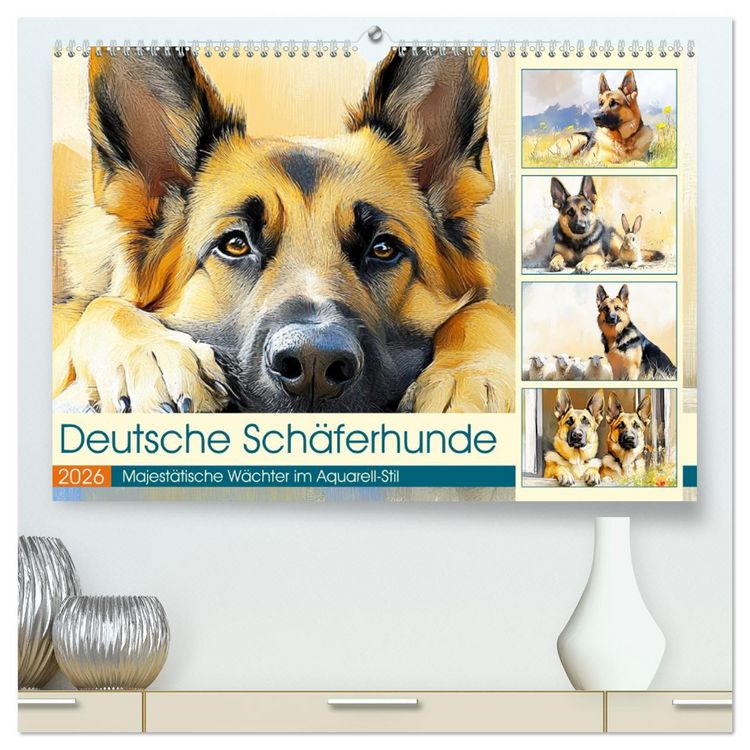 Produktbild: Deutsche Sch&auml;ferhunde. Majest&auml;tische W&auml;chter im Aquarell-Stil (hochwertiger Premium Wandkalender 2026 DIN A2 quer), Kunstdruck in Hochglanz