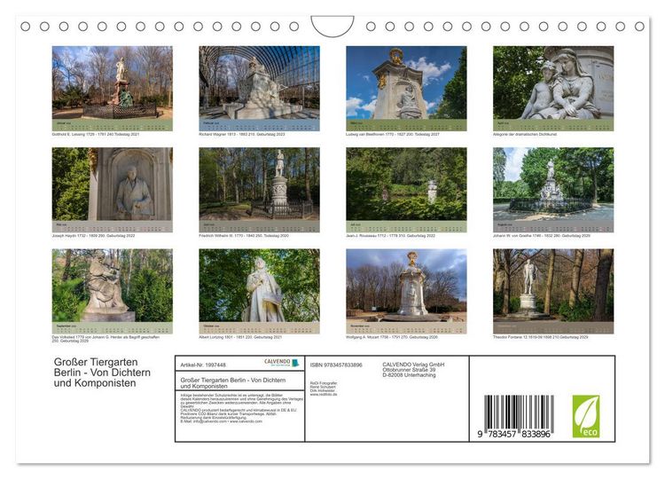 Produktbild: Gro&szlig;er Tiergarten Berlin - Von Dichtern und Komponisten (Wandkalender 2026 DIN A4 quer), CALVENDO Monatskalender