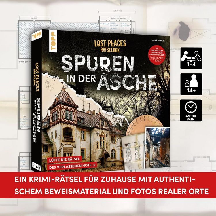 Produktbild: Lost Places R&auml;tselbox &ndash; Spuren in der Asche: Ein Krimi-R&auml;tsel f&uuml;r Zuhause. L&uuml;fte die R&auml;tsel des verlassenen Hotels