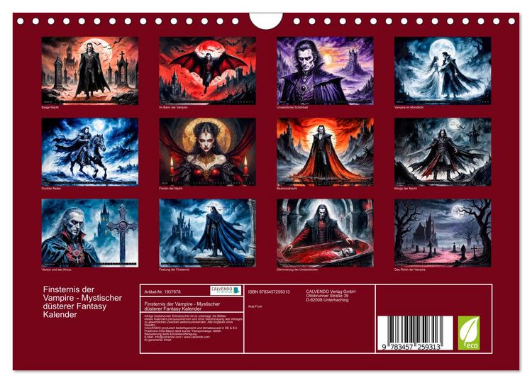 Produktbild: Finsternis der Vampire - Mystischer d&uuml;sterer Fantasy Kalender (Wandkalender 2026 DIN A4 quer), CALVENDO Monatskalender