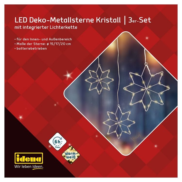 Produktbild: Idena Kristallsterne mit LED warmwei&szlig; Metall &Oslash;15, 17, 20cm 3 St&uuml;ck
