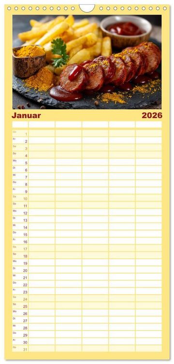 Produktbild: Familienplaner 2026 - Currywurst Kalender - Das Berliner Kultgericht f&uuml;r Fleischliebhaber mit 5 Spalten (Wandkalender, 21 x 45 cm) CALVENDO