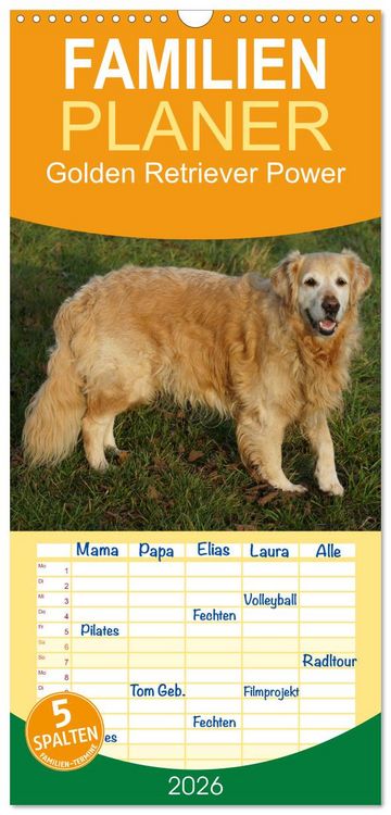 Produktbild: Familienplaner 2026 - Golden Retriever Power mit 5 Spalten (Wandkalender, 21 x 45 cm) CALVENDO