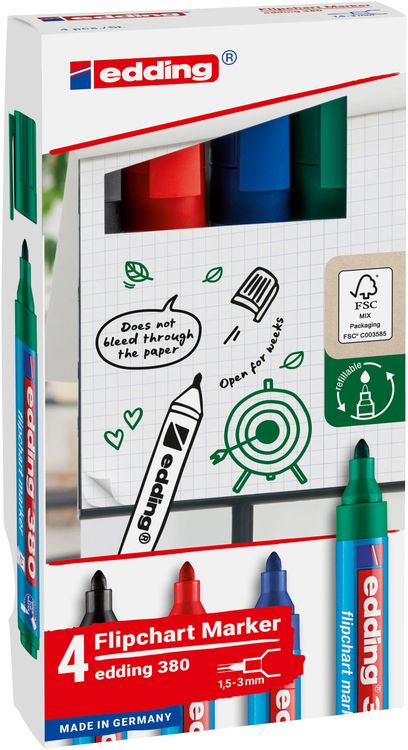 Produktbild: edding Flipchart Marker 380 1,5-3mm schwarz/rot/blau/gr&uuml;n 4 St&uuml;ck