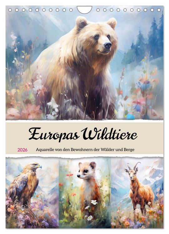 Produktbild: Europas Wildtiere. Aquarelle von den Bewohnern der W&auml;lder und Berge (Wandkalender 2026 DIN A4 hoch), CALVENDO Monatskalender