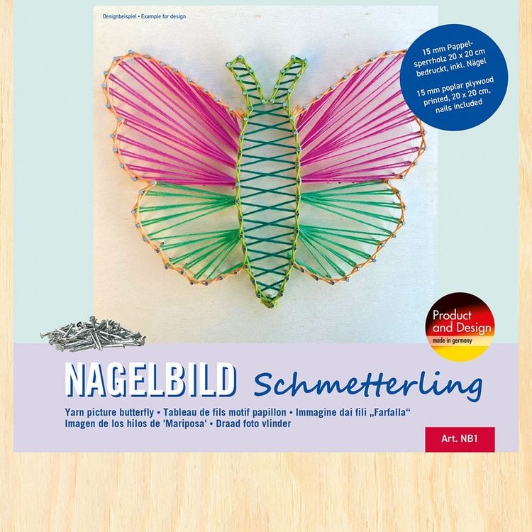 Produktbild: PEBARO NB1 - Nagelbild Schmetterling, Fadenbild 20x20cm, Fadenspannbild 20x20cm, String Art Bastelset inkl. N&auml;gel