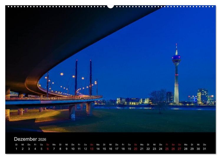 Produktbild: D&uuml;sseldorf - Ansichten am Abend (hochwertiger Premium Wandkalender 2026 DIN A2 quer), Kunstdruck in Hochglanz