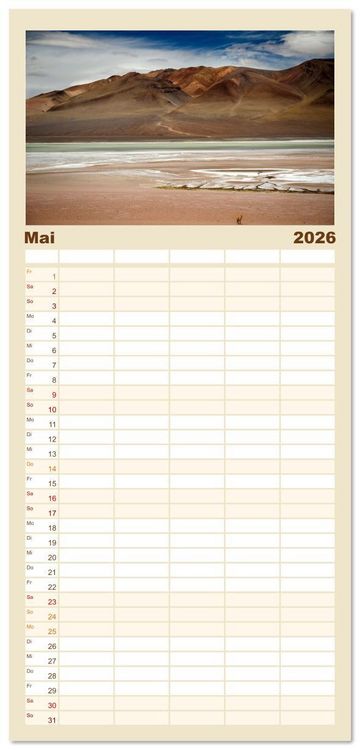 Produktbild: Familienplaner 2026 - Die Farben der Anden - Argentinien und Chile mit 5 Spalten (Wandkalender, 21 x 45 cm) CALVENDO