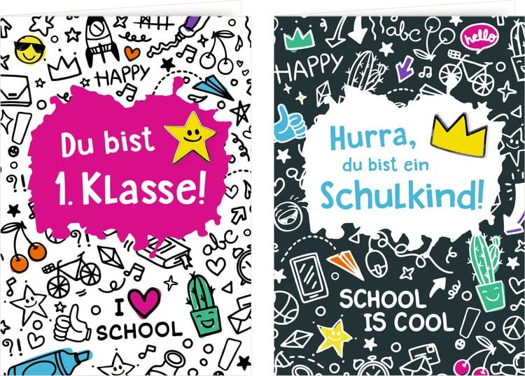 Produktbild: Gru&szlig;karte mit Wegbegleiter-Pin &ndash; Du bist 1. Klasse / Hurra, du bist ein Schulkind!