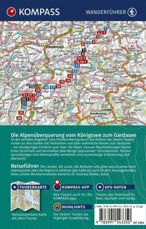 Produktbild: KOMPASS Wanderführer Die Alpenüberquerung vom Königssee zum Gardasee, 26 Etappen mit Extra-Tourenkarte