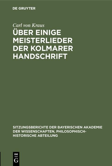 Produktbild: &Uuml;ber einige Meisterlieder der Kolmarer Handschrift