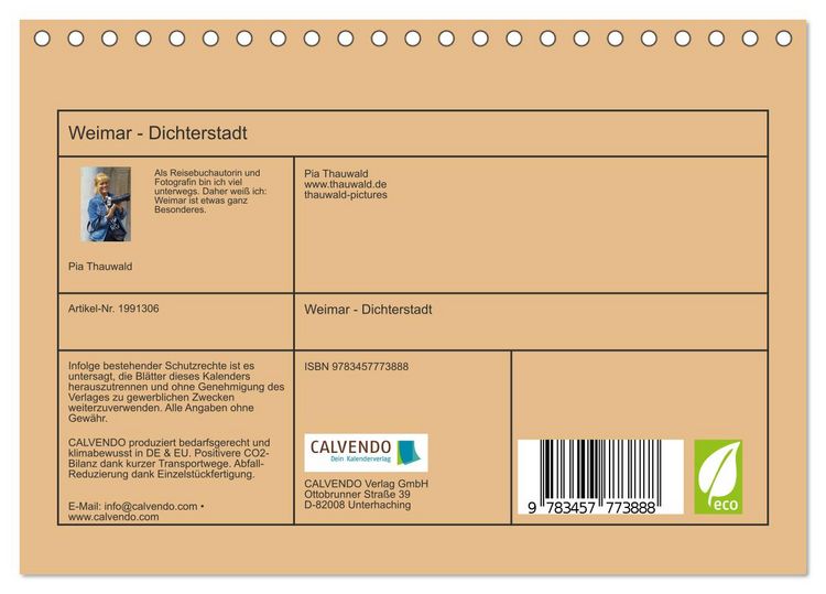Produktbild: Weimar - Dichterstadt (Tischkalender 2026 DIN A5 quer), CALVENDO Monatskalender