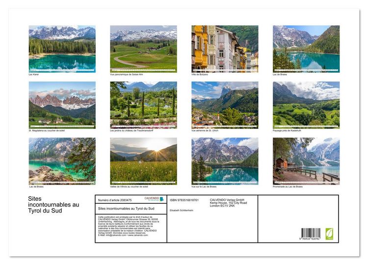Produktbild: Sites incontournables au Tyrol du Sud (Calendrier mural 2026 DIN A2 vertical), CALVENDO calendrier mensuel