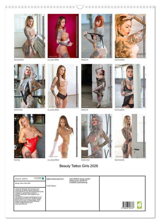 Produktbild: Beauty Tattoo Girls 2026 (Wandkalender 2026 DIN A2 hoch), CALVENDO Monatskalender