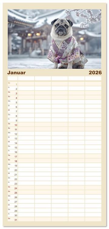 Produktbild: Familienplaner 2026 - Eine Mopsige Weltreise mit 5 Spalten (Wandkalender, 21 x 45 cm) CALVENDO