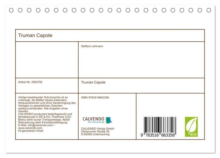 Produktbild: Truman Capote (Tischkalender 2026 DIN A5 quer), CALVENDO Monatskalender