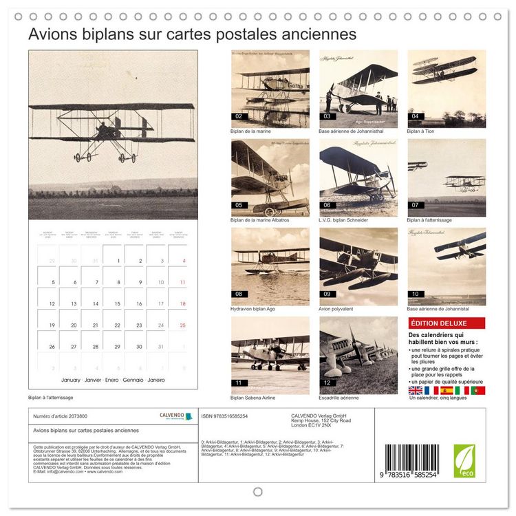 Produktbild: Avions biplans sur cartes postales anciennes (Calendrier mural carr&eacute; 2026 30x30 cm) Calendrier double avec une page pour vos prises de notes