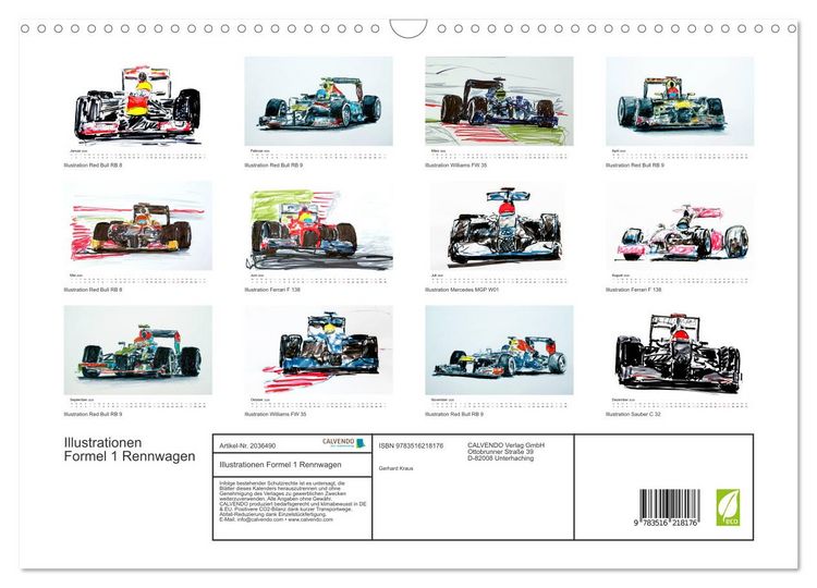 Produktbild: Illustrationen Formel 1 Rennwagen (Wandkalender 2026 DIN A3 quer), CALVENDO Monatskalender